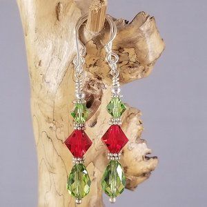 Lt Red and Lt Green Swarovski & Silver Earrings